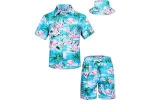 TUNEVUSE Little & Big Boys Hawaiian Button Down Shirts and Short Sets with Bucket Hat Summer Outfits Printed Kids Cabana Set