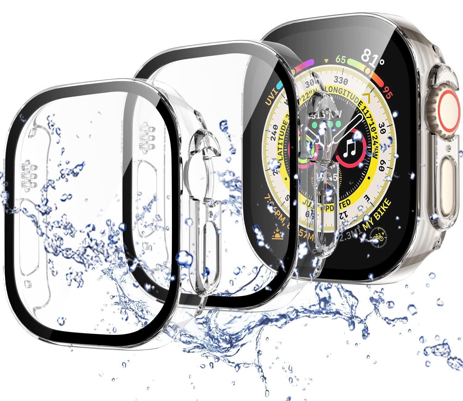 Upeak Waterproof Case for Apple Watch Ultra 49mm Screen Protector, Hard PC Tempered Glass Shockproof Cover for iWatch Ultra 49mm Case, 3 Pack - Clear
