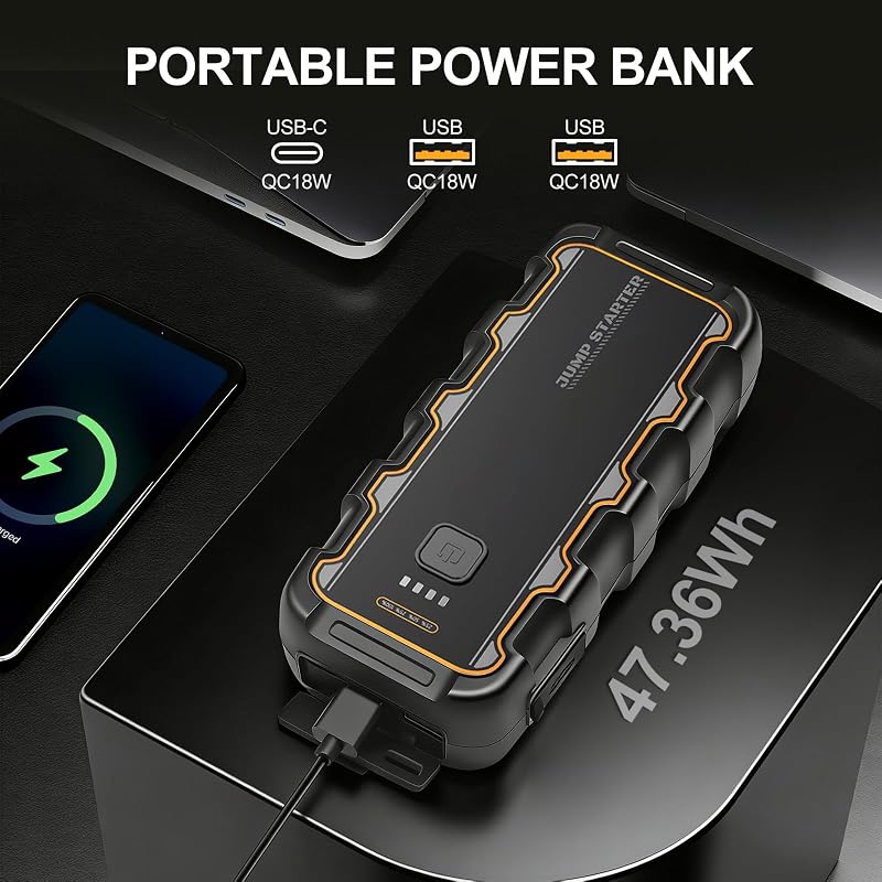Motor de arranque de bateria de carro de 7000A, para gasolina de 8.0L/gasóleo de 6.0L, arranque portátil de 12V com carregamento rápido USB e grampos para bateria, funciona em frios extremos, para carro, mota, barco, campismo