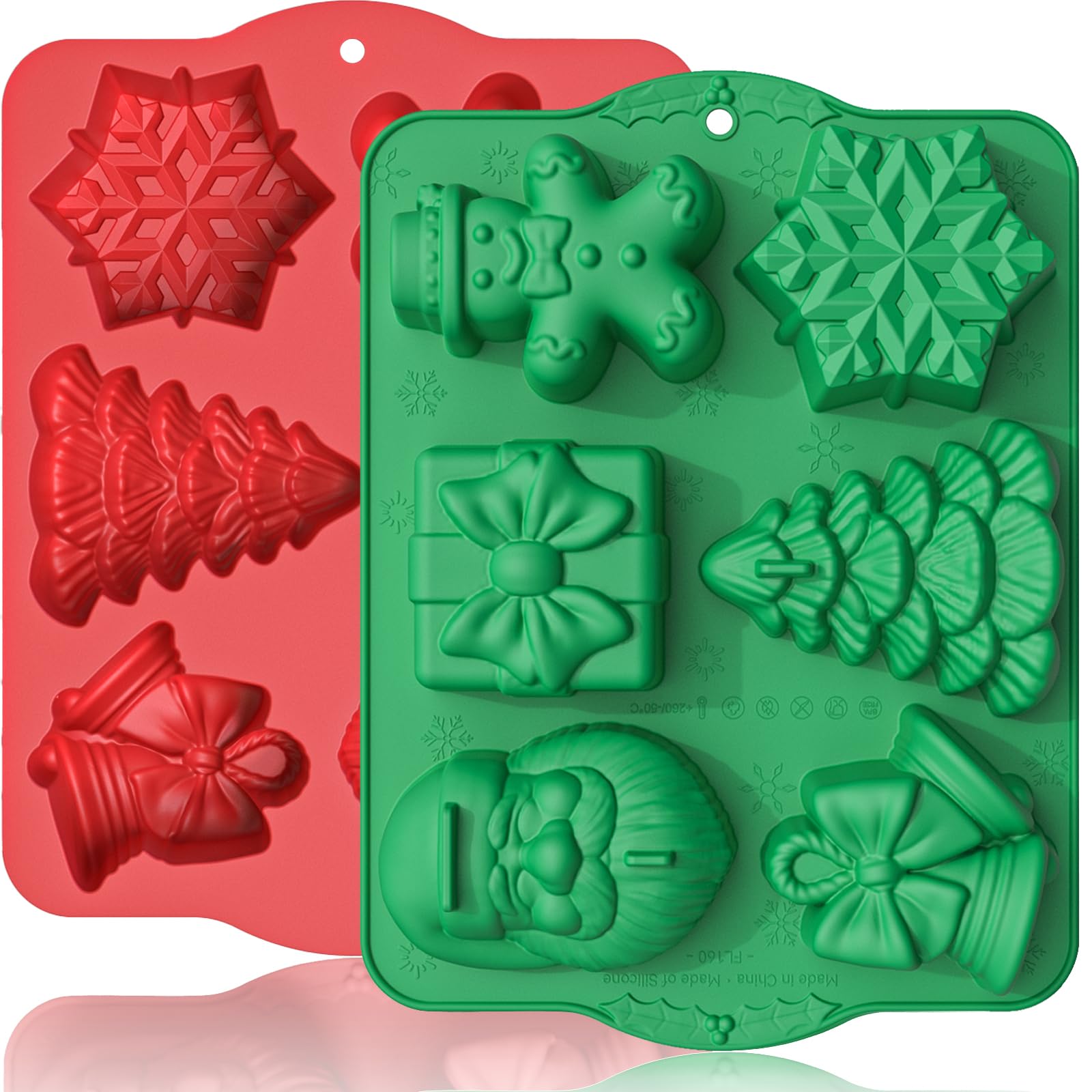 HKNMTT Large Christmas Silicone Molds for Baking Cake Muffins Oven Safe Freezing Soap Candle Cocoa Bomb Food Grade Tray, Deep Snowflake Tree Santa Gingerbread Gift Bell 6 Holiday Shapes Mould 2PCS