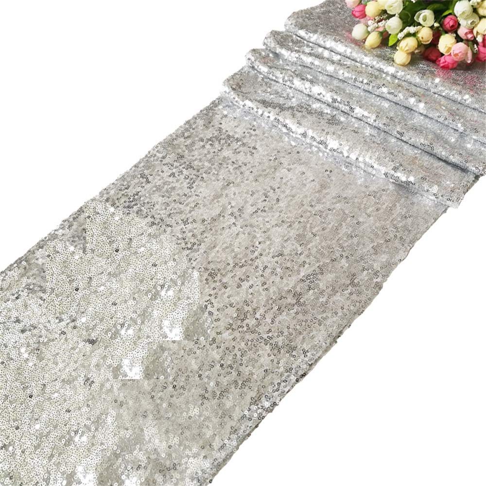 Time to Sparkle 12x108inch Glitter Sequin Table Runner Chair Sashes Swags Wedding Party Table Decoration Sequin Tablecloth- Sequin Silver
