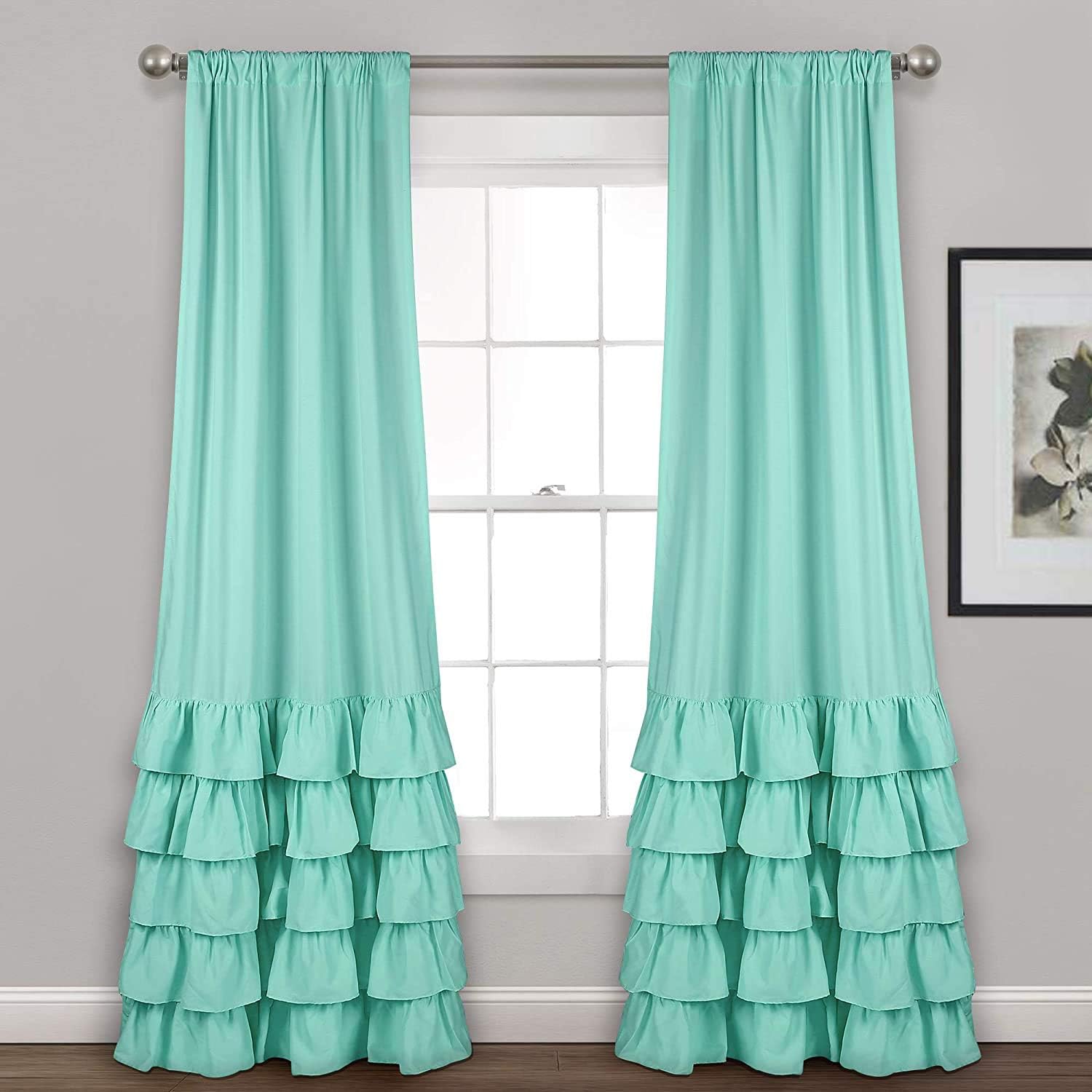 TEALP Aqua Ruffle CurtainsWindow Panel Set for Bedroom,Rod Pocket