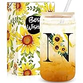 Frerdui Birthday Gifts for Women, Initial Glass Cups w Lids and Straws, Sunflower Gift for Women, Personalized Gift, 16oz Glass Tumbler Cups W/Straw Lid, Monogrammed Birthday Gifts for Her Mom - N