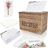 feasteery Recipe Box,100 Recipe Cards with Dividers,100 Card Protectors,Rustic Wood Box Organizer Set to Write in Your Own Recipes,Cute Box for Housewarming Grandma Mom Wedding Bridal Shower