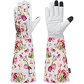 DLY Gardening Gloves for Women, Rose Gloves Gardening Thorn Proof, Long Garden Gloves for Women, Breathable Cowhide Leather Gauntlet(Small,White)