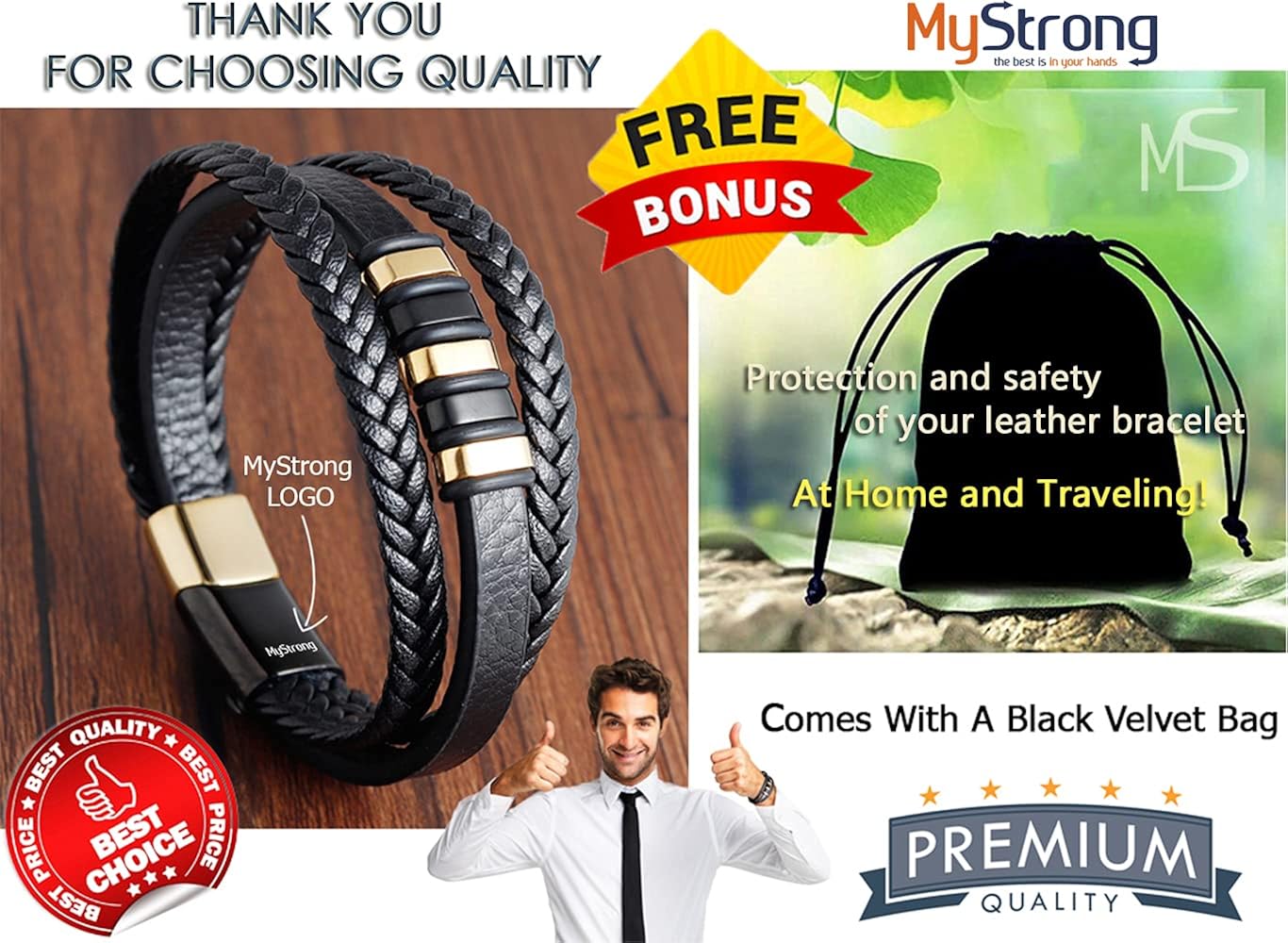 MyStrong Men's Leather Bracelet Stainless Steel Magnetic Clasp - Stylish Braided Mens Bracelets Wrist - Multilayer Leather Cuff Bracelet Magnet Closure - Charm Leather Bracelet for Men Women, Black: Clothing