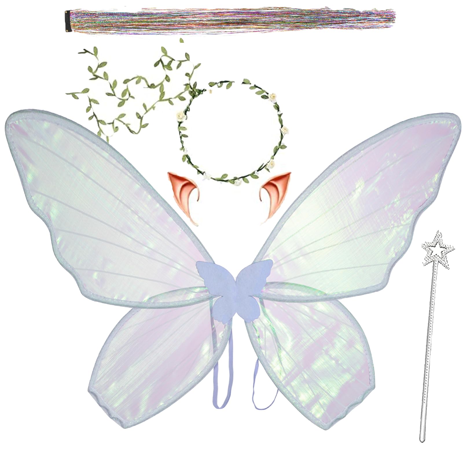 Photo 1 of Fairy Wings for Adults and Girls?Fairy Costume Set with Floral Garland, Fairy Hair Tinsel, Wand & Elf Ears – 19"x24" Organza Butterfly Wings – Ideal for Cosplay, Party, White