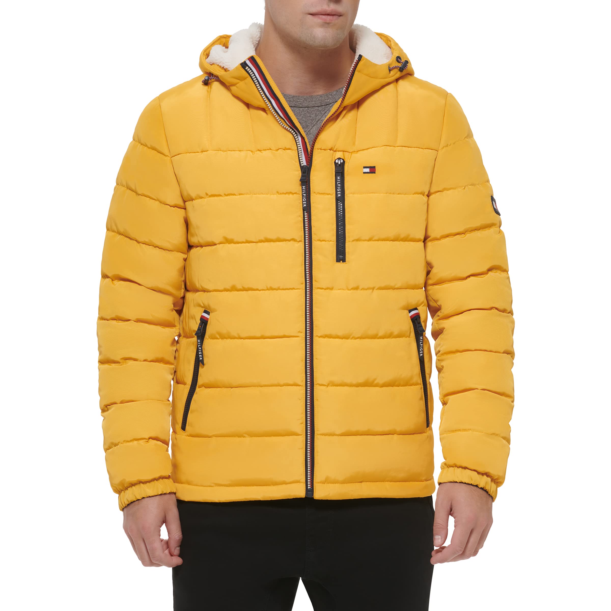 Tommy Hilfiger Men's Midweight Sherpa Lined Hooded Water Resistant Puffer Jacket, Yellow Tech, X-Large Image
