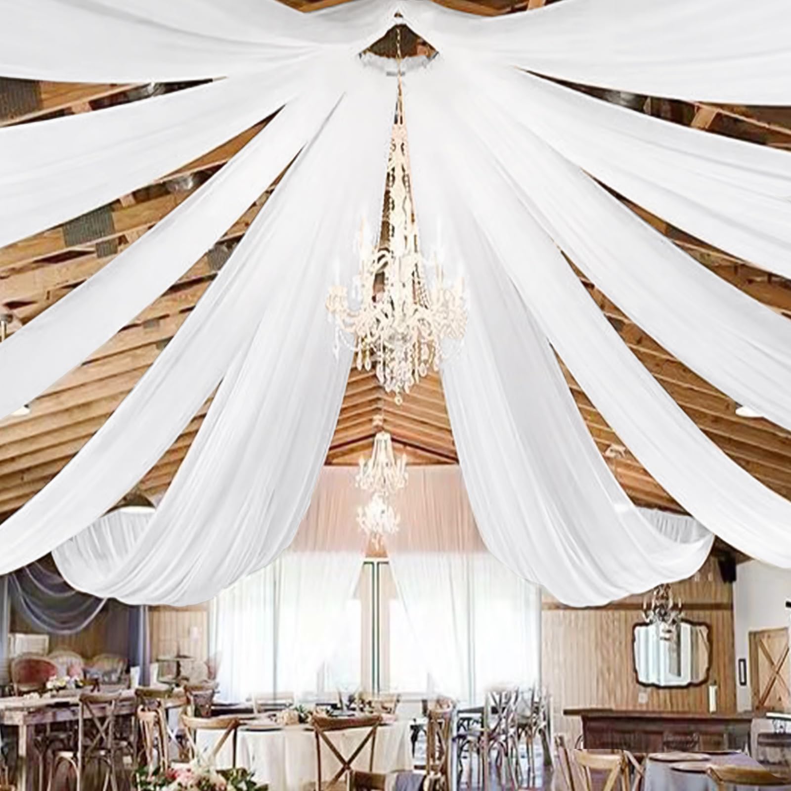 Photo 1 of 8 Panels White Ceiling Drapes for Wedding 5ftx20ft Chiffon Fabric Arch Draping Curtains for Party Ceremony Birthday Baby Shower Reception Stage Ceiling Decorations