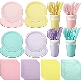 Mifoci 96 Pcs Pastel Disposable Dinnerware Set Include Pastel Paper Plates Cups Napkins Plastic Knives Forks Spoons Macaron Color Party Supplies for Birthday Decoration Wedding Baby Shower, 4 Colors