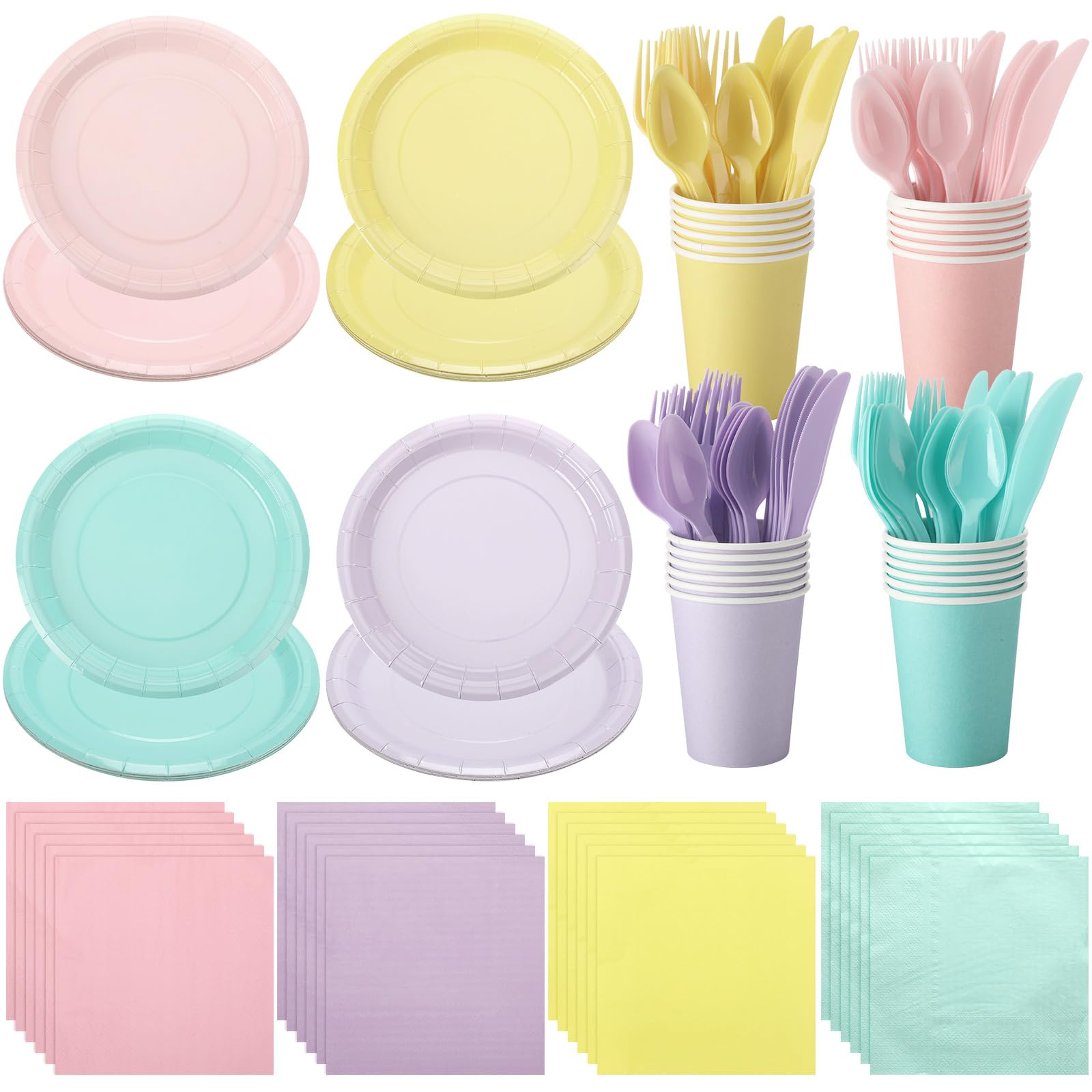 Photo 1 of Mifoci 96 Pcs Pastel Disposable Dinnerware Set Include Pastel Paper Plates Cups Napkins Plastic Knives Forks Spoons Macaron Color Party Supplies for Birthday Decoration Wedding Baby Shower, 4 Colors