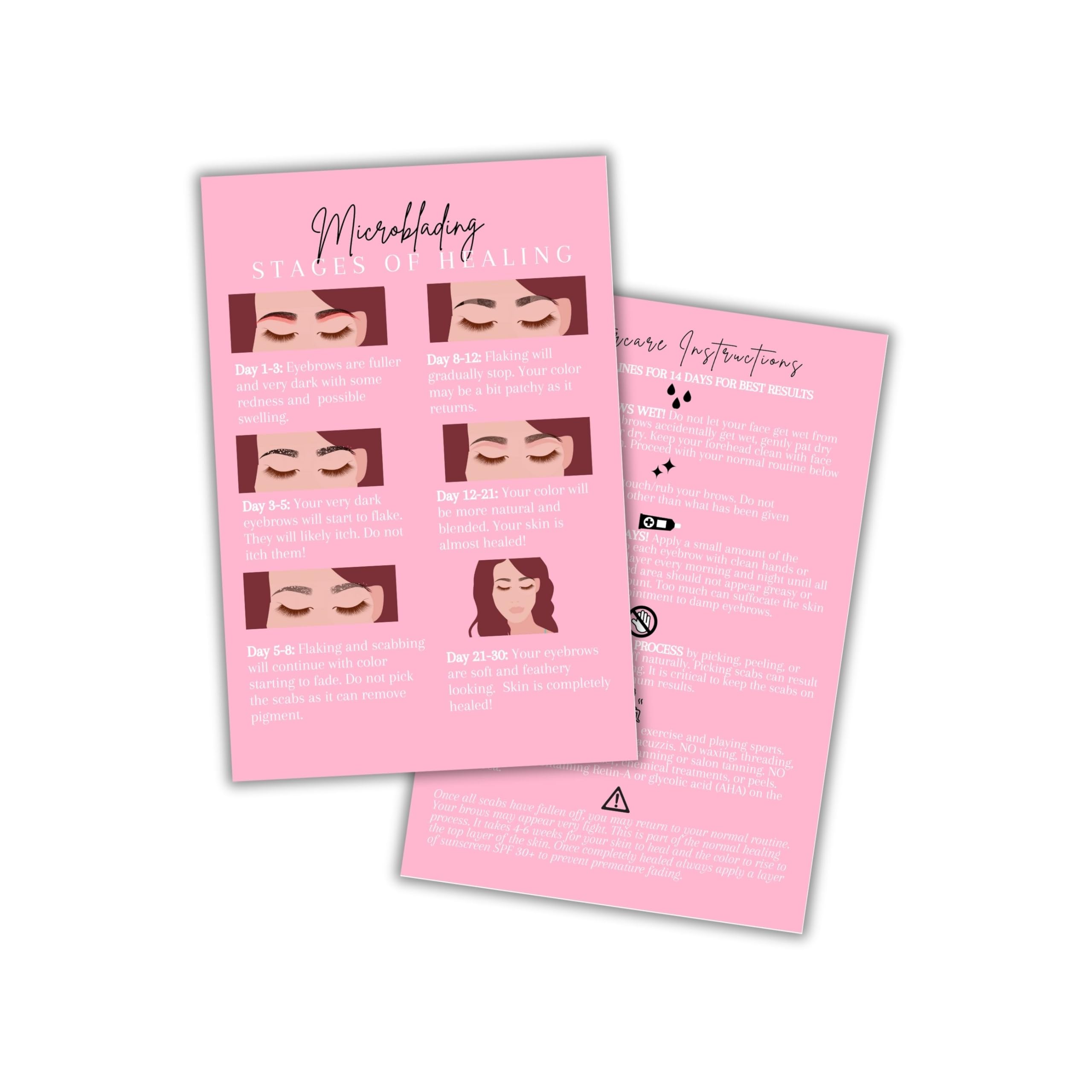 Boutique Marketing LLC Microblading Stages of Healing & Aftercare Instructions Card | 30 Pack | 4x6 inch Postcard Size | Eyebrow Pink Card Design pink, black, white, tan