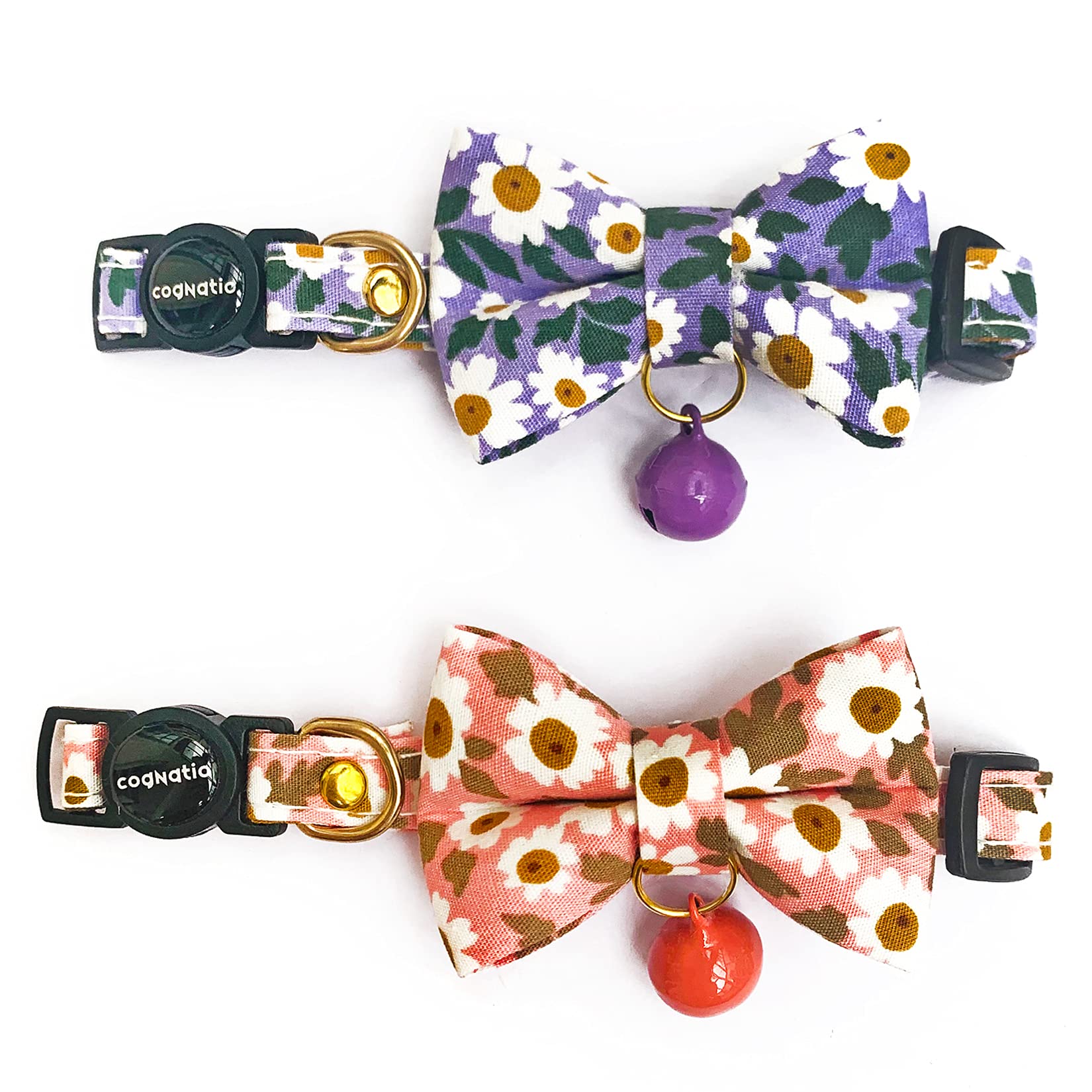 Cognatio Cat Collars with Bells and Safety Release Buckle, Floral Bow Tie Kitten Collars, Adjustable 20-30 cm, 2 Pack, Purple+Pink