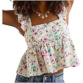 Women Babydoll Floral Tank Top Flower Print Ruffle Strap Sleeveless Peplum Shirt Flutter Sleeve Square Neck Cami Top