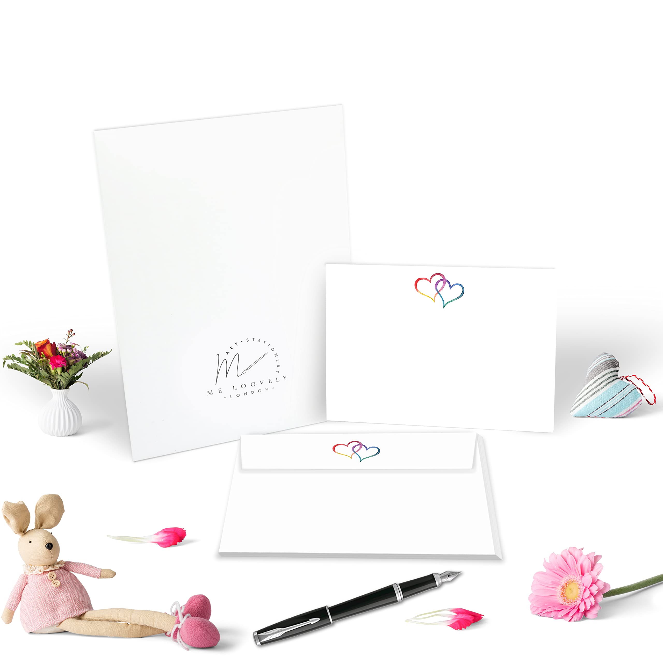 Me Loovely Rainbow Love Hearts Flat Notecard & Envelopes Sets Stationery Correspondence Card Writing Supplies for Home Office & School | Christmas Gifts (10 Cards and 10 Envelopes with Gift Envelope)