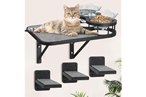 ANRXNCY Cat Hammock Cat Wall Shelves with 3 Steps, Cat Scratching Post Cat Hammock and Perches with 2 Cat Food Bowls, Wood Cat Bed Furniture Wall Mounted, Cat Scratching Post Cat Wall Shelf