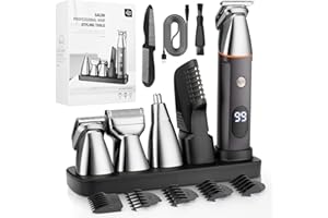 QREEYX Mens Beard Trimmer 5 in 1 Cordless Hair Trimmer Kit, Waterproof Electric Nose Hair Trimmer Mustache Trimmer Body Shaver Grooming Kit, USB Rechargeable and LED Display Hair Cutting Kit (Sliver
