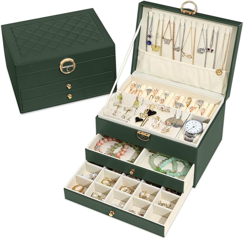 Boîte à bijoux 3 étages avec 2 tiroirs, élégant coffret à bijoux en cuir, idéal pour colliers, bracelets, bagues et boucles d'oreilles (Vert foncé) — photo 1 sur 7