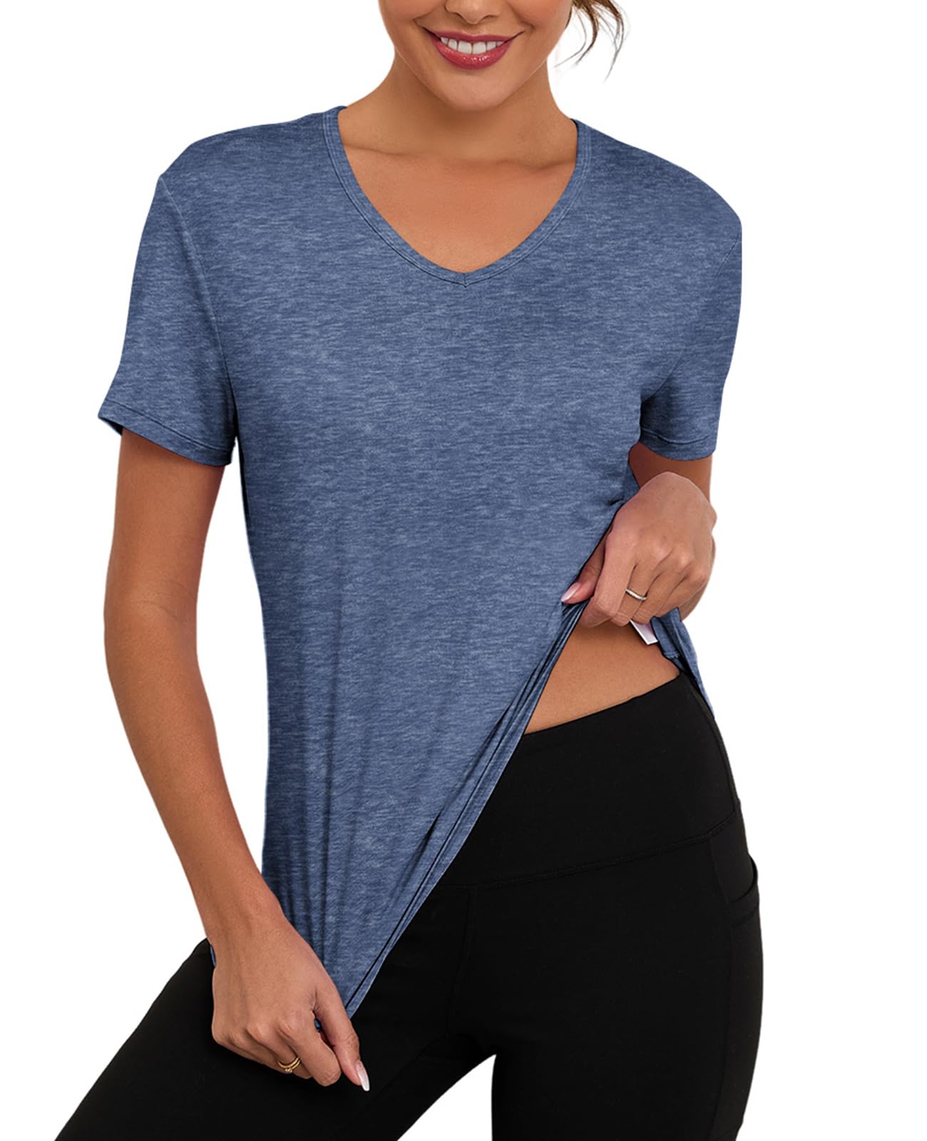 V Neck Workout Tops for Women UPF 50+ Breathable Loose Fit Short Sleeve Tee Shirt Yoga Gym Basic T Shirts