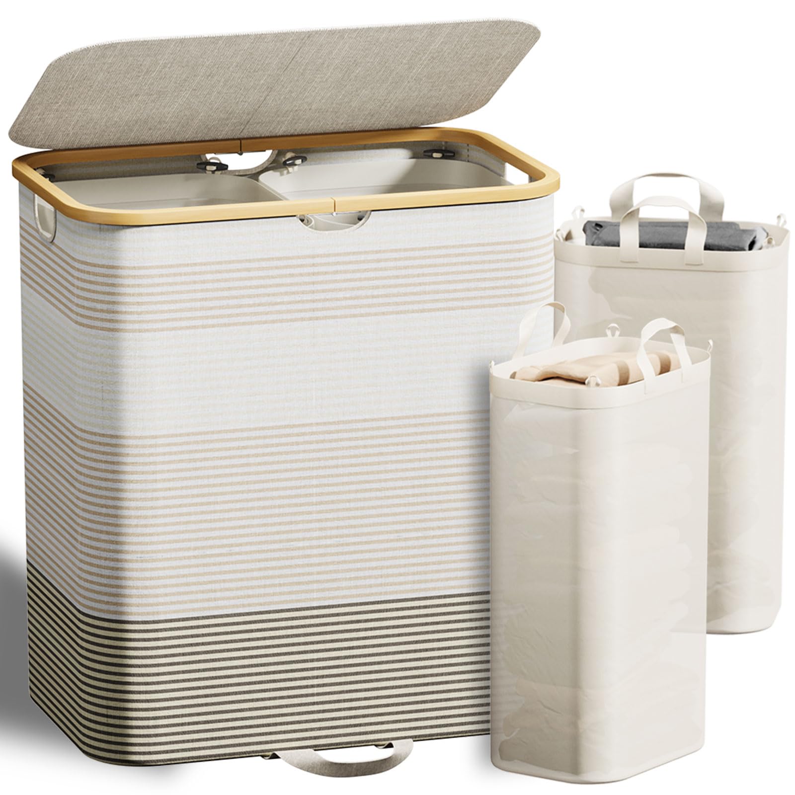 Photo 1 of XLHOMO Double Laundry Hamper with Lid and Removable Bags, 150L Large Collapsible 2 Dividers Dirty Clothes Basket with Handles, Beige Double Laundry Basket Organizer for Bedroom,Laundry Room,College