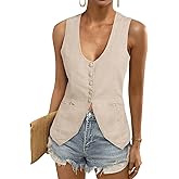 Tankaneo Womens Scoop Neck Blazer Vest Summer Linen Sleeveless Fitted Waistcoat Work Casual Cotton Suit Tops