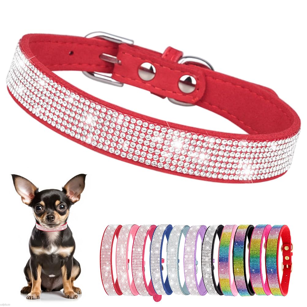 Small Dog Collar With Rhinestone Crystal Diamond Colorful Bling Girl Cat Collars Red M