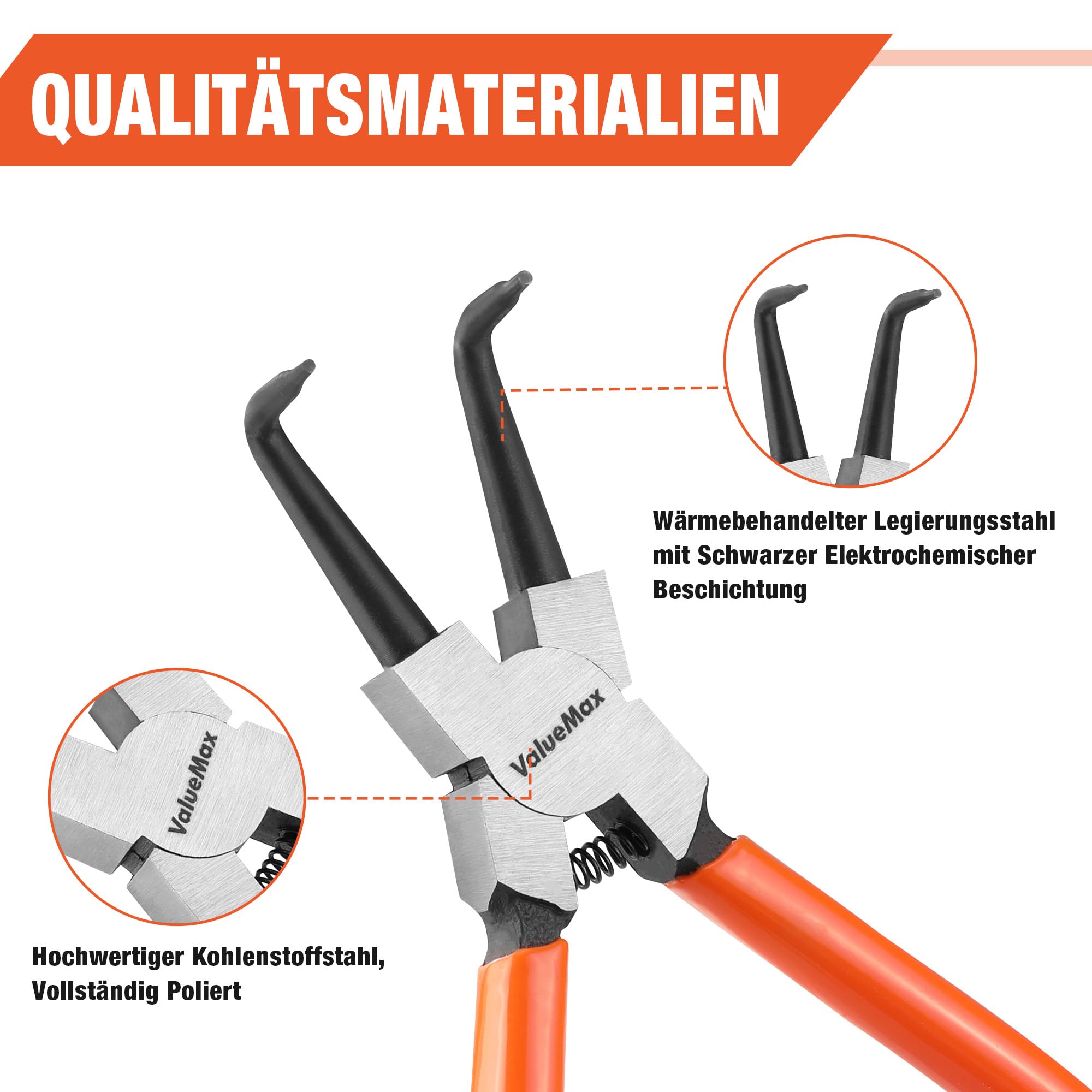 ValueMax Sprengringzangensatz 4tlg.,Sicherungsringzange Set 180mm mit Tasche, für Innen- und Außensicherungen, gerade, gebogen, Seegeringzangen 2