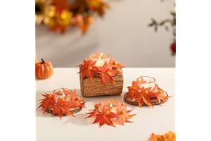 Hewory Fall Candle Holder Centerpiece: Thanksgiving Candle Holders Set of 4 with Maple Leaves Wreath & Berries, Glass Tealight Candle Holder Fall Centerpiece Table Decorations for Thanksgiving Table