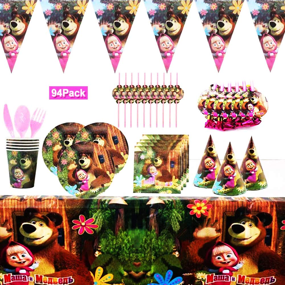 YUIP 94Pcs Masha and Bear Party Supplies Decoration Set Happy Birthday Party Tableware Packs Includes Includes Flatwares,Cups,Tablecloth,Napkins,Pennant for 10 Kids Girls Boys