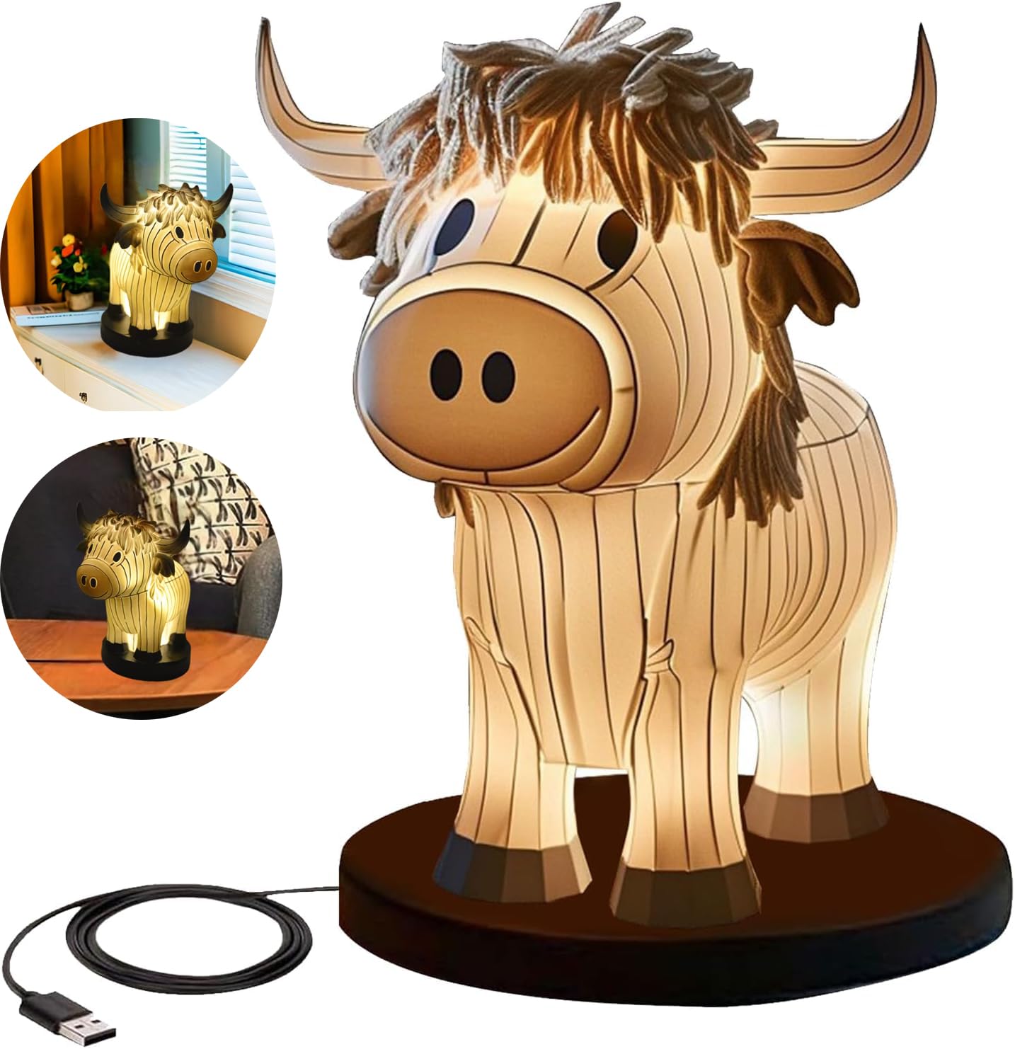 Neioaas Highland Cow Night Light - USB Portable Table Lamp, Small Animal Painted Decorations for Living Room Bedroom - Bedside Lamp Gift for Girls Mom