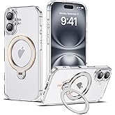 AmoraAqua Compatible with iPhone 16 Case with 360° Spin Magnetic Ring Stand [Compatible with Mag-Safe] Full Camera Lens Protector Plating Clear Phone Case for iPhone 16 6.1", Clear