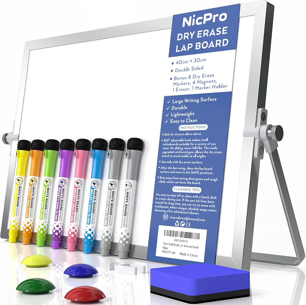 Nicpro Dry Erase Mini Whiteboard A3 40x30 cm Double Sided with Stand 8 Pens