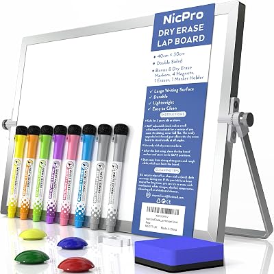 Nicpro Dry Erase Mini Whiteboard A3 40x30 cm Double Sided with Stand 8 Pens