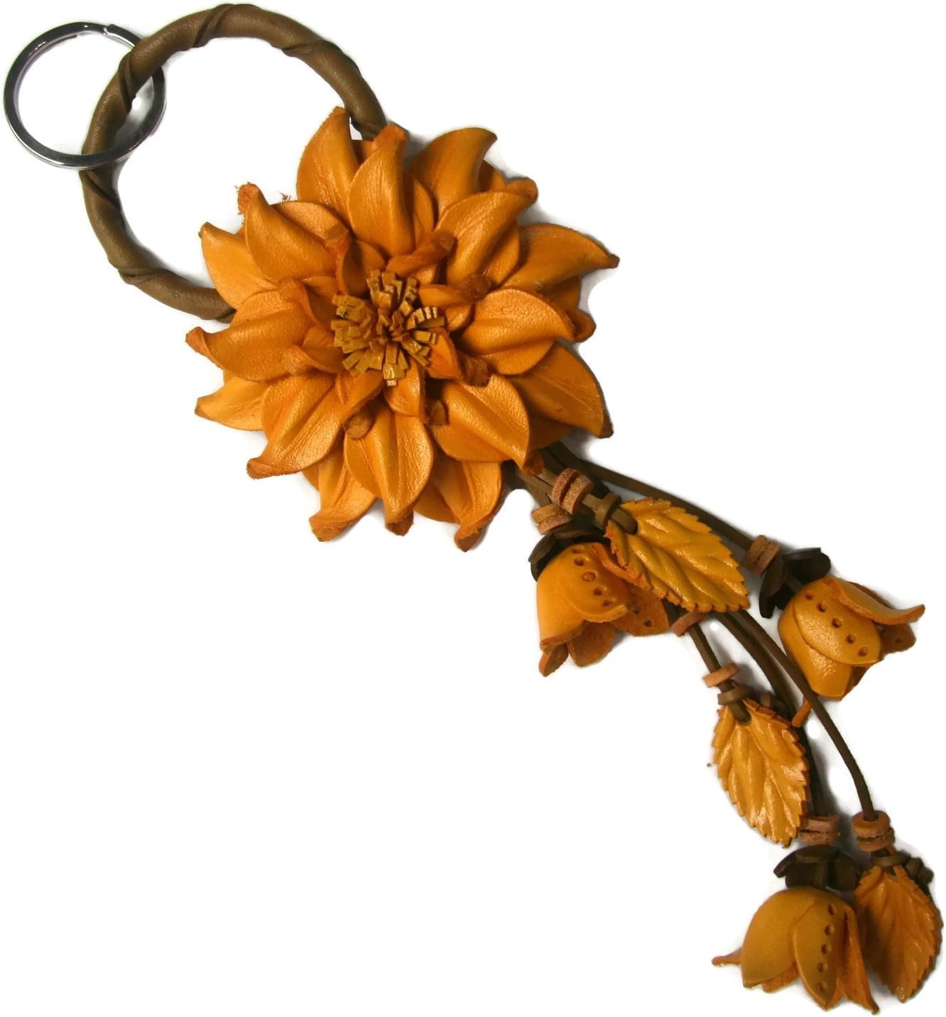 Bella Pazzo Yellow Handmade Dahlia Flower Leather Keychain Key Ring Clasp Bag Charm Handbag Purse charm Car Key Pendant