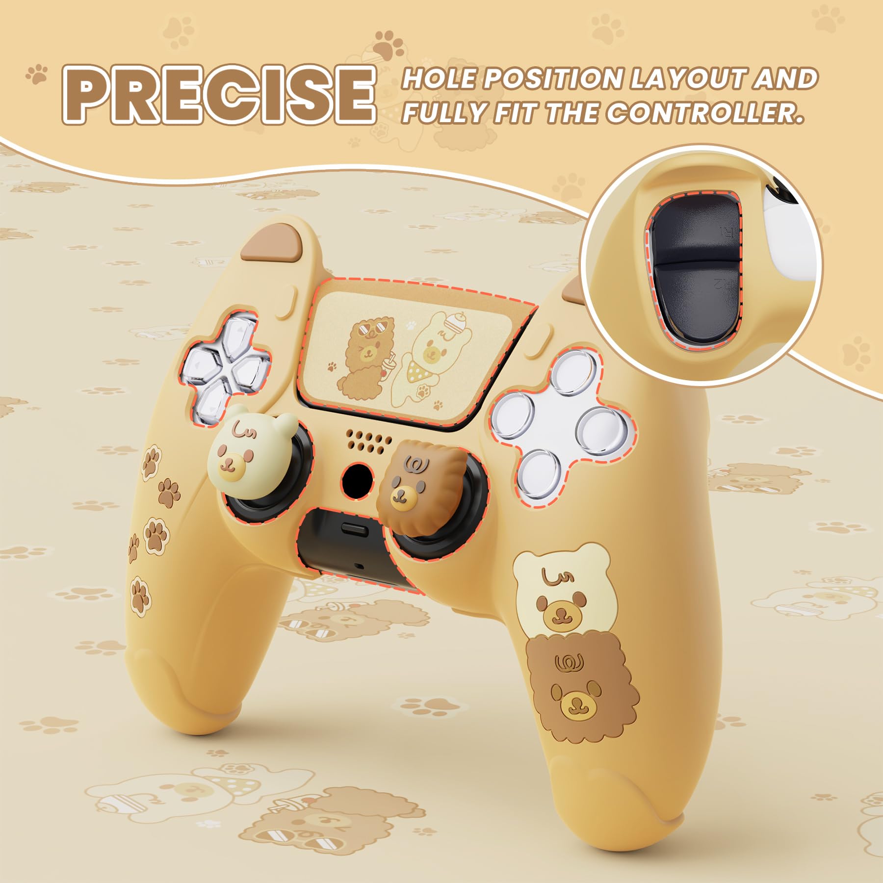 PlayVital Cute Bear Controller Silicone Case for ps5, Kawaii Controller Cover Compatible with Charging Station, Gamepad Skin Protector for ps5 with Touch Pad Sticker & Thumb Grips - Yellow & Brown