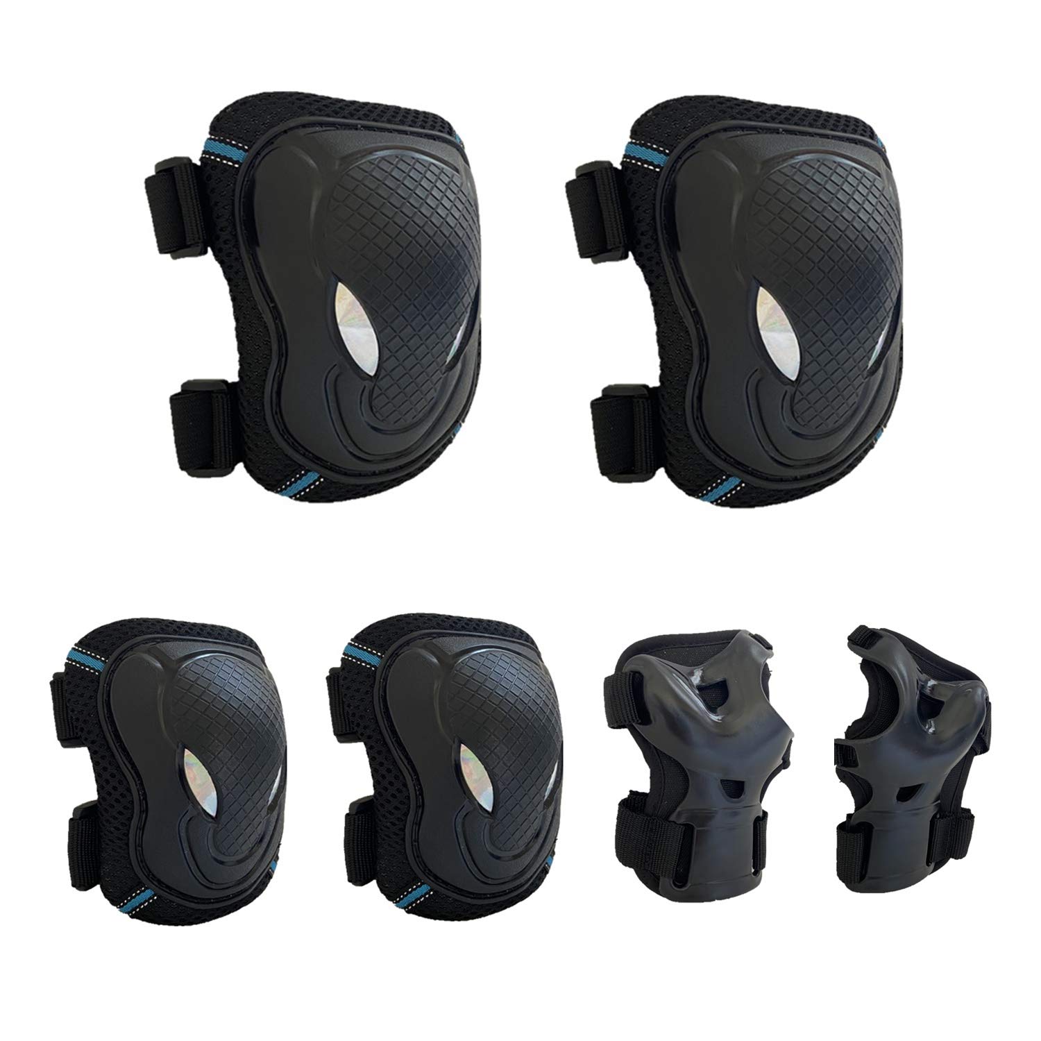 Protective Knee Pads Set 6 Pack Protective Gear Set with Knee Wrist Elbow Safety Pad kit for Kid Children Teenager Skating, Cycling, Skateboard, Rollerblading, Scooter, BMX (Black)