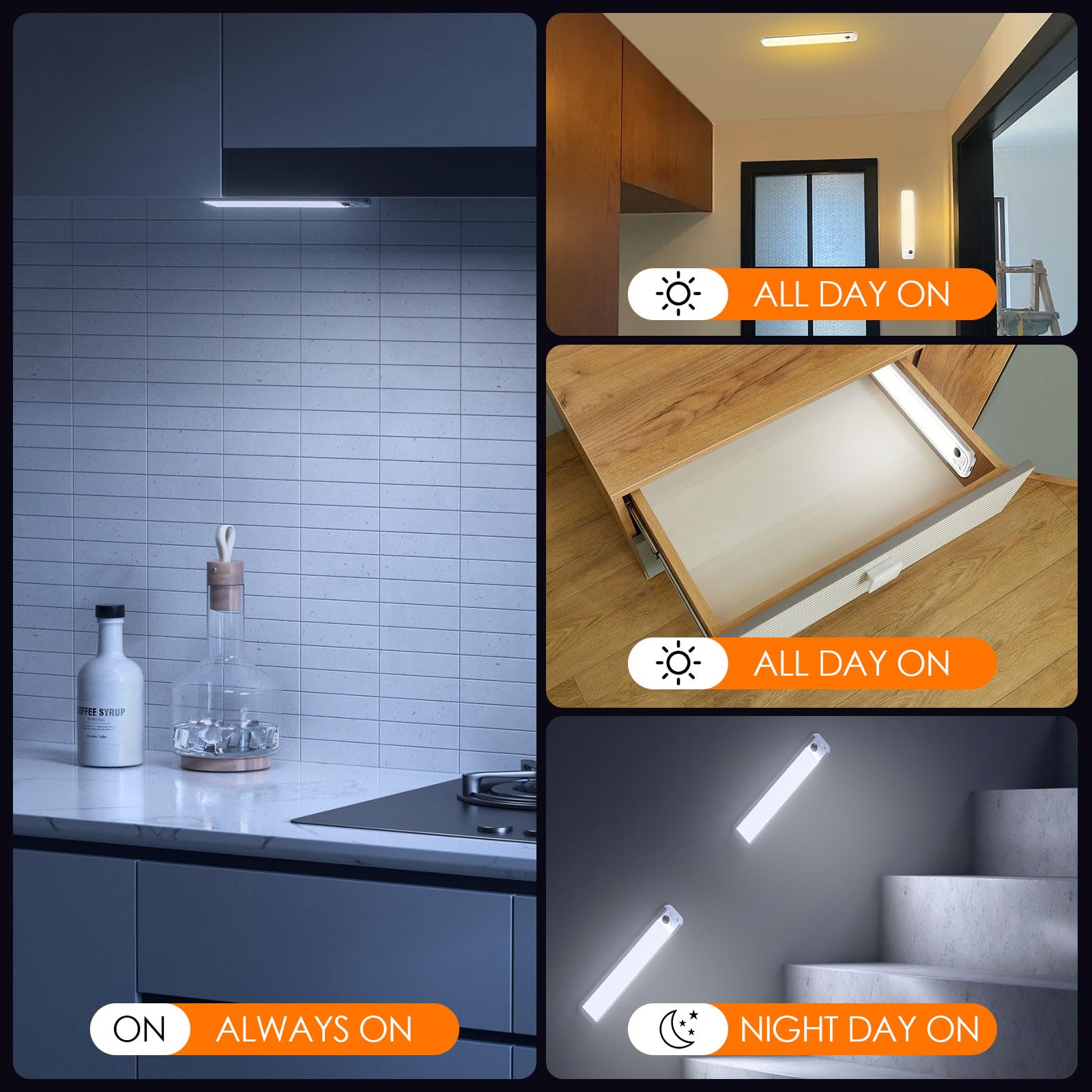 RUIKORING Under Cabinet Lighting, 3 Colors, Motion Sensor Light Indoor, LED Rechargeable Closet Lights Battery Operated, Dimmable Night, Stick-On Magnetic Cabinet Lights for Kitchen Stairs Hallway