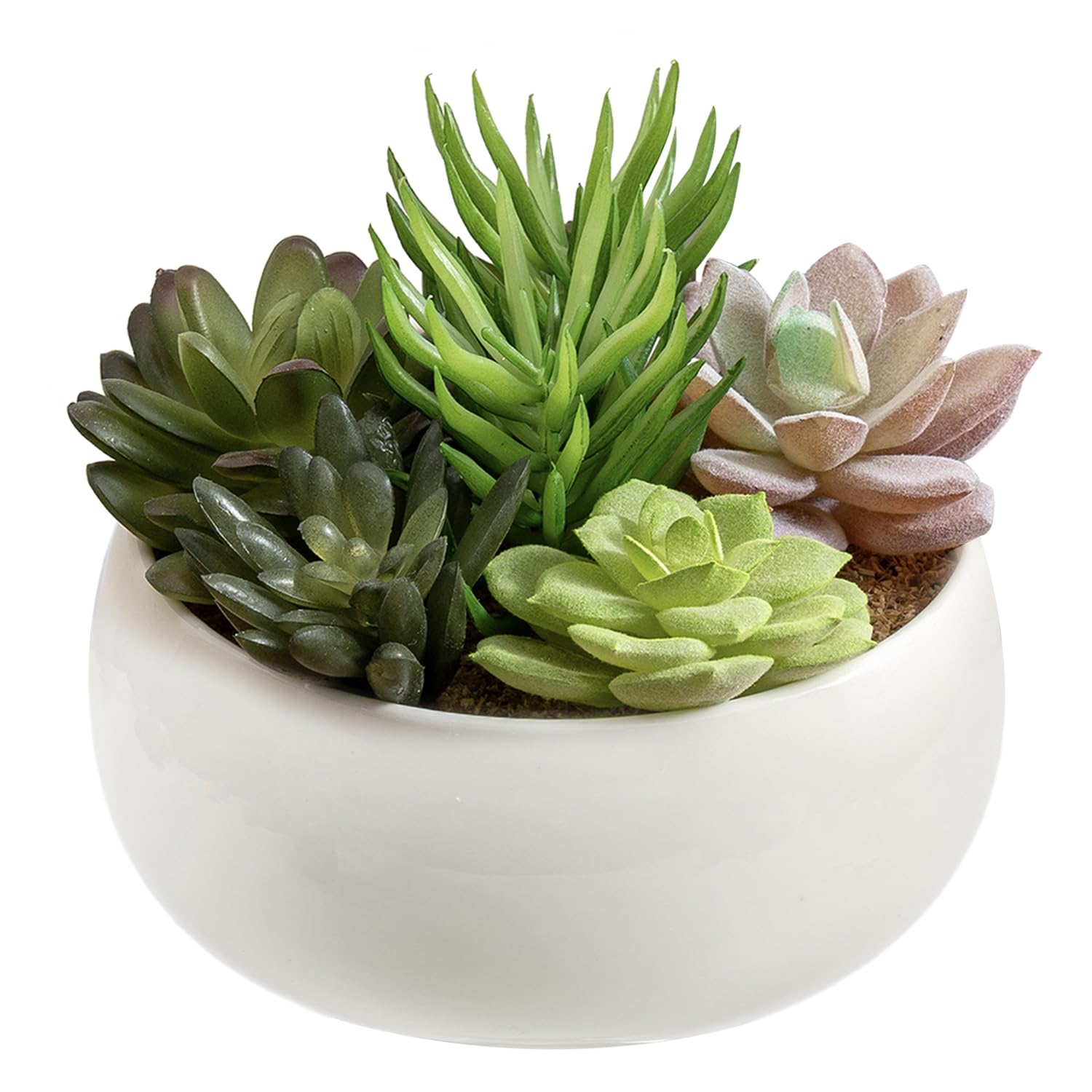 Photo 1 of MyGift 6 Inch Round Modern Artificial Succulent Arrangement Potted in White Ceramic Plant Bowl, Assorted Faux Mini Succulents in a Decorative Planter Pot