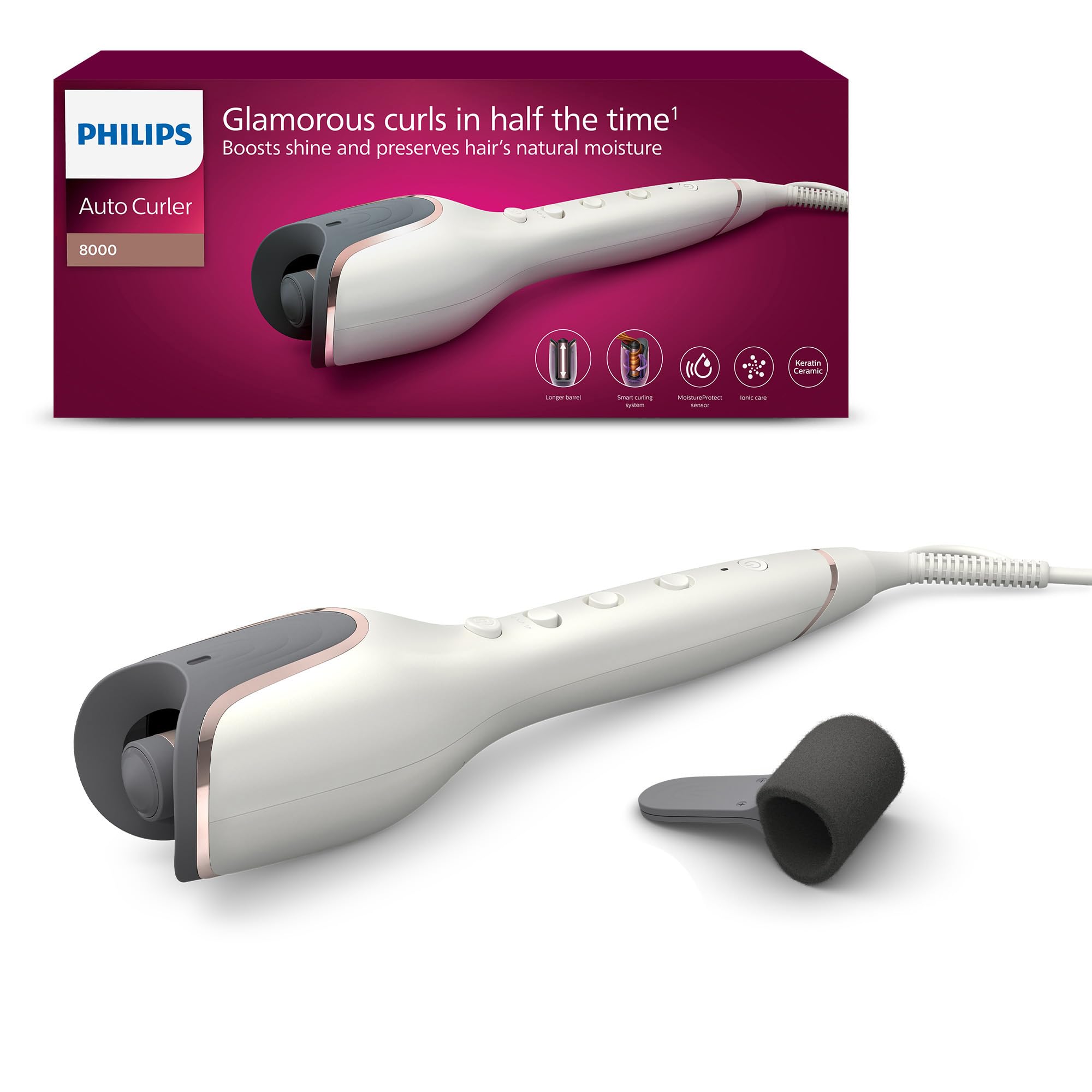 Philips série 8000 - boucleur automatique avec technologie MoistureProtect, 27 options de style différentes, blanc, modèle BHB878/00