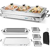 Giantex Buffet Server &amp; Electric Food Warmer, 2-in-1 Food Warming Tray, Adjustable Temperature, 3 Food Pans with Lids, Dishwasher Safe, 8 QT Stainless Steel Chafing Dishes for Parties Holiday Events