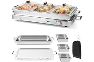 Giantex Buffet Server & Electric Food Warmer, 2-in-1 Food Warming Tray, Adjustable Temperature, 3 Food Pans with Lids, Dishwa