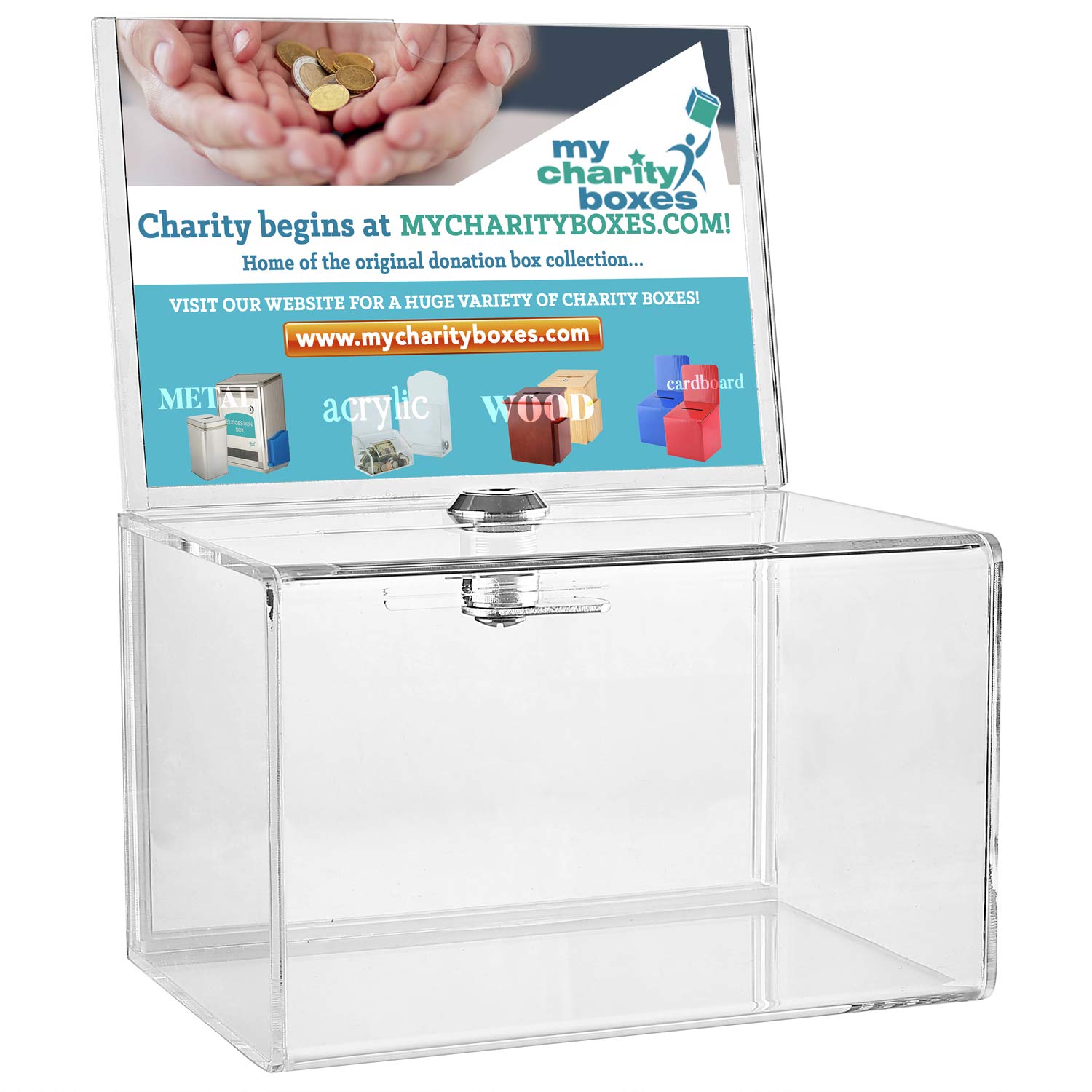 My Charity Boxes Inc. MCB - Clear Acrylic Donation Collection Box with Lock - Small - with 4-6 Display