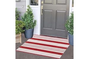 BUAGETUP Red and White Striped Outdoor Rug 24'' x 35'' Door Mat Outdoor Machine Washable Welcome Mats Cotton Hand-Woven Entryway Rug for Front Porch/Entryway/Laundry/Bathroom/Bedroom