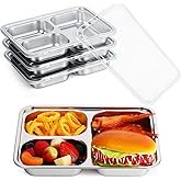Patelai 4 Pcs Stainless Steel Snack Containers with Lids Bulk Back to School 3 Compartment Stainless Steel Bento Box Food Storage Containers Plates Reusable Metal Lunch Box for Office Home Travel