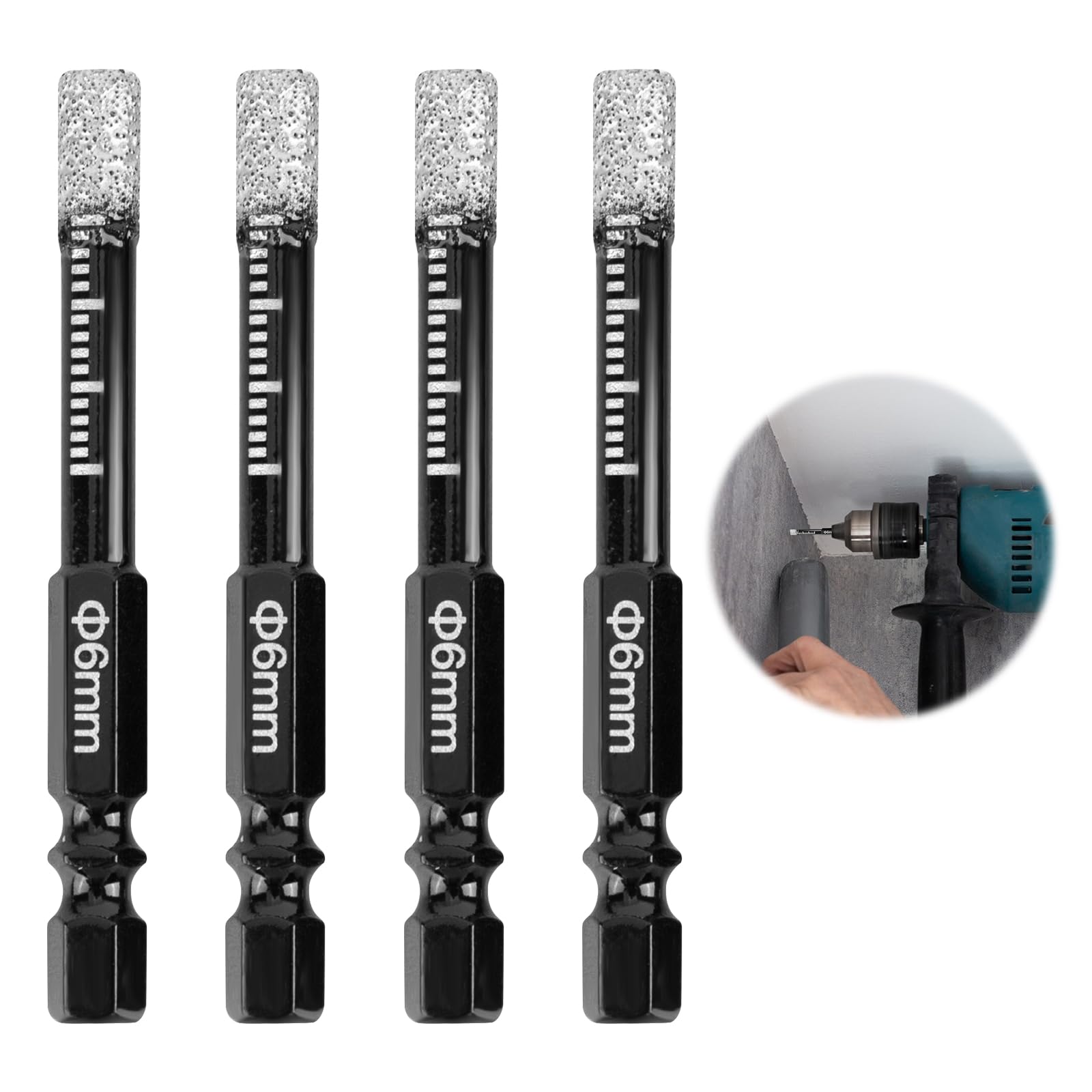 Diamond Drill Bit, 4 Pcs 6mmPorcelain Tile Drill Bit,Dry Diamond Drill Bits Set,Professional Drill Bit for for Glass,for Granite, Ceramic, Marble, Tile Stone, Glass