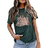 Leopard Christmas Tree Snowflake Merry and Bright T-Shirt Women Short Sleeve Graphic Tees Tops Shirts