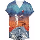 Women's Gothic Skull T-Shirt Skeleton Lost Balloon Well Shit Halloween Tops | Halloween Tshirt Costume, Skeleton Shirt Women, Gothic, Skull, Balloon, Short Sleeve, V Neck, Funny