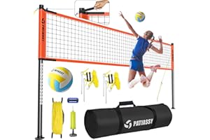 Patiassy Outdoor Volleyball Net System Portable and Easy Setup Adjustable Height Poles with Volleyball, Pump, Hammer, Boundary Line, and Carry Bag for Backyard, Beach, Lawn