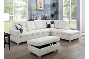 A Ainehome 3 PCS Living Room Set, Sectional Sofa Set, L-Shape Couch in Home, with Storage Ottoman and Matching Pillows (Cream White,Right Hand Facing)