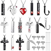 Huquary 16 Pcs Urn Necklace for Ashes Waterproof Stainless Steel Carved Ashes Locket with 8 Filling Kit Heart Cylinder Cross Cubic Fish Hook Jewelry for Ashes with Wing Diamond for Men Women